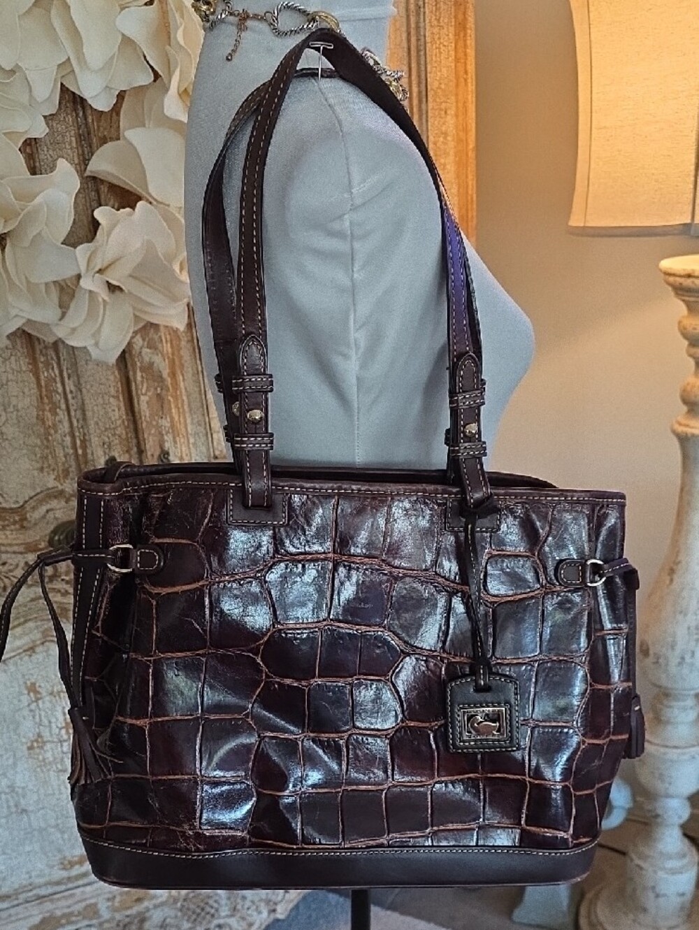 Dooney & Bourke Dark Brown Croc-Embossed Shoulder Tote - Picture 3 of 14